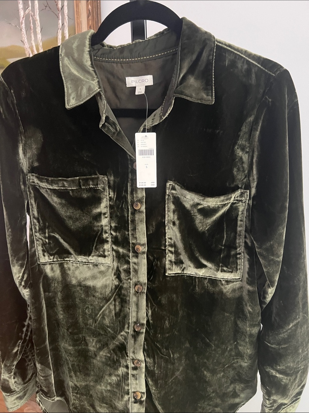 Anthropologie - Pilcro Olive Green Velvet Button-Down Shirt Size S NWT - Picture 4 of 5
